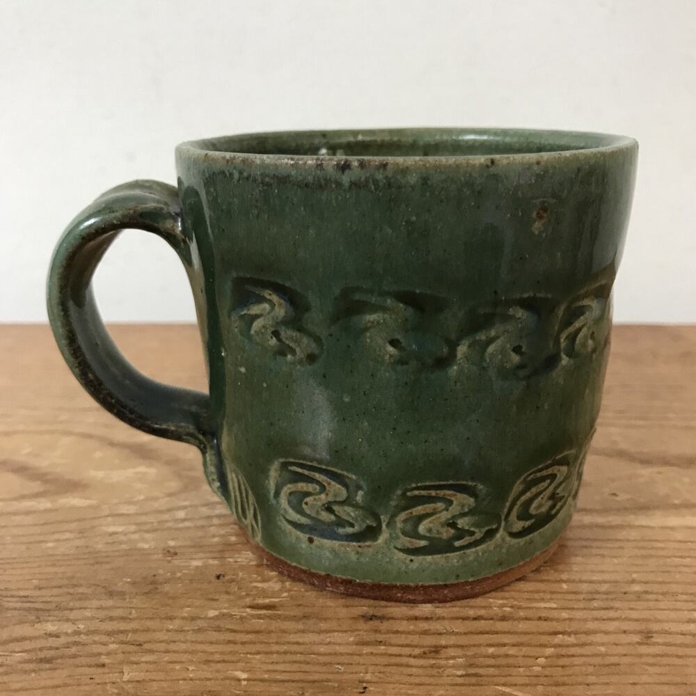 Vtg Handmade Stoneware Green Glossy Patterned Art Studio Pottery Coffee Mug Cup